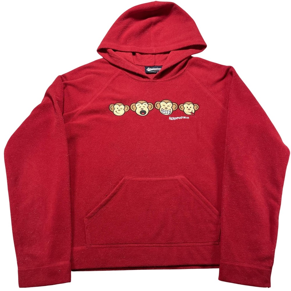 Vintage Aeropostale Hoodie Women's Large Red Fleece Monkey Graphic Pullover Y2K